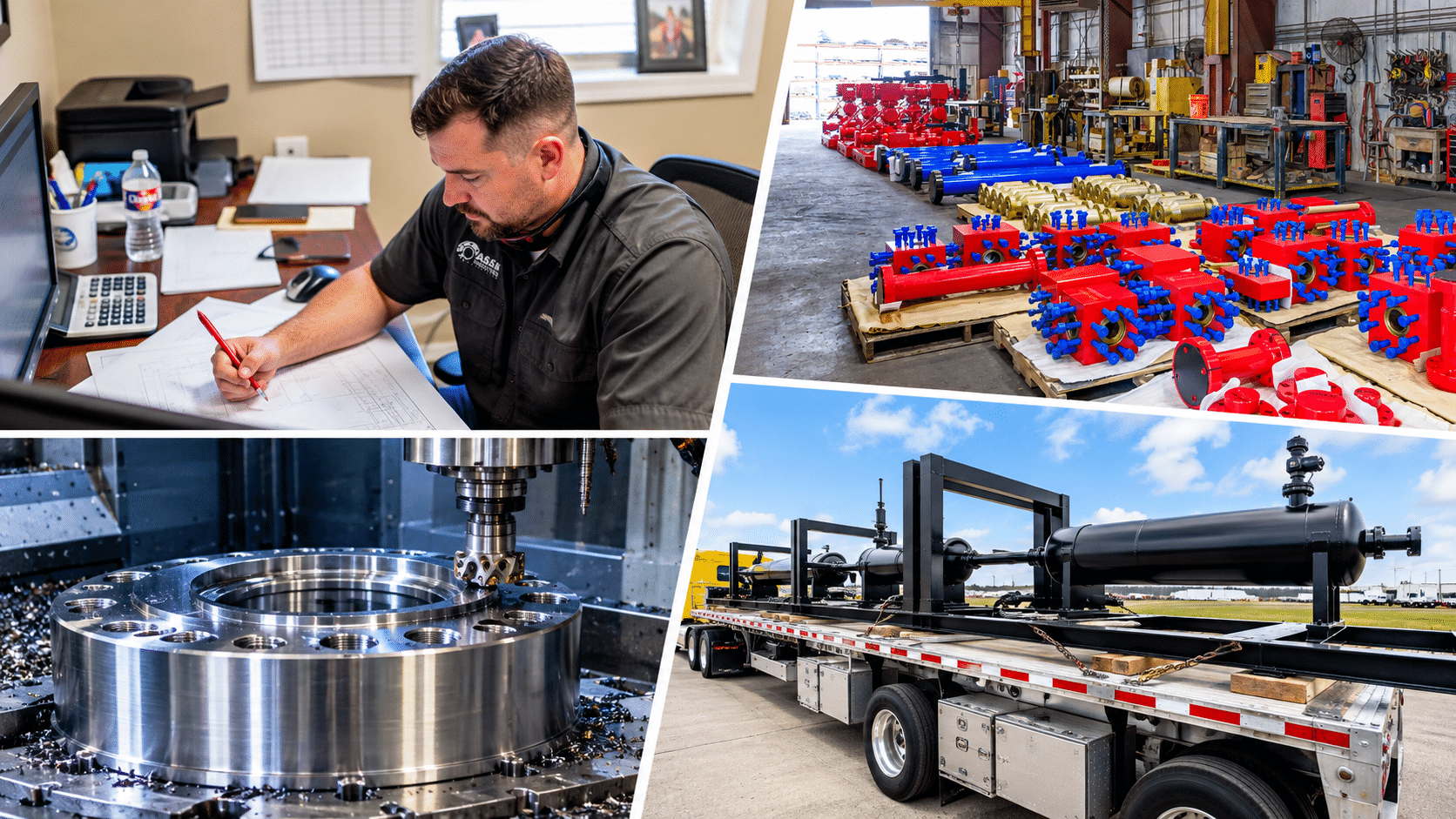 ASAP Industries Manufacturing process showing drawing review, oilfield components, CNC machining, and completed equipment ready for delivery.